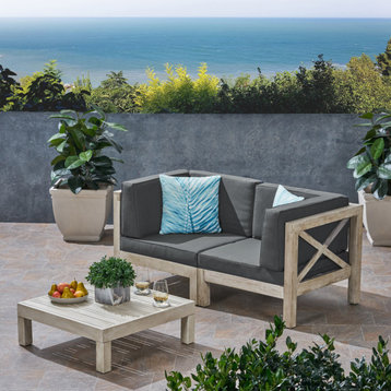 Angelo Outdoor Modular Acacia Wood Loveseat and Coffee Table Set With Cushions