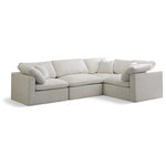 Meridian Furniture - Plush Velvet / Down Standard Comfort L-Shaped Modular Sectional, Cream, 4-Piece: 1 Armless Chair, 3 Corner Chair - No matter how big or little the size of your gang, they can all find their sweet spot when you choose pieces from the Plush collection to build your ideal seating group. Choose this individual Plush piece or pair multiple pieces together to get the custom look everyone will love. The soft cream velvet material is soft and welcoming to the touch, and the set's cushions are overstuffed with a down and feather blend to provide ample support for tired bodies.