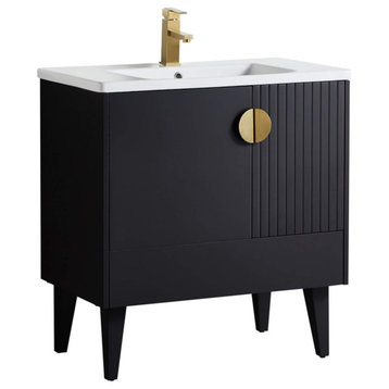 Venezian Single Bathroom Vanity, Black, 30", Satin Brass Handles, One Sink