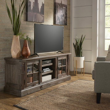 Classic TV Stand, Open Shelves, Window Doors With Antique Pulls, Brushed Brown
