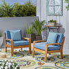 GDF Studio Outdoor Wood Club Chairs, Water Resistant Cushions, Set of 2, Blue