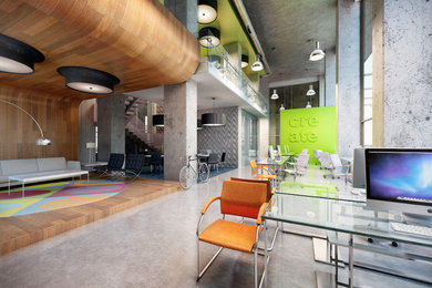 Geräumiges Modernes Arbeitszimmer ohne Kamin mit weißer Wandfarbe, Betonboden, freistehendem Schreibtisch und grauem Boden in Baltimore