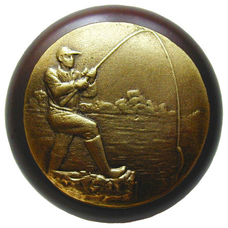 Catch of the Day Wood Knob, Antique Brass, Dark Walnut Wood Finish, Antique Bras