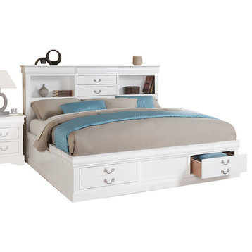 Louis Philippe III Bed With Storage and Hidden Drawer, White, Eastern King