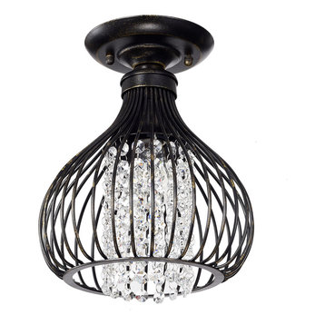 1-Light Antique Bronze and Crystal Bead Bell Shade Semi Flush Mount Glam