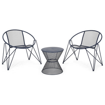 Janice Modern Outdoor Iron Chat Set With Side Table, Matte Navy Blue
