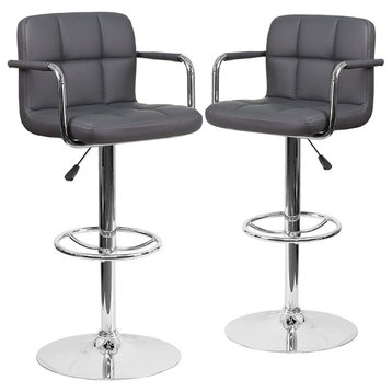 Set of 2 Modern Bar Stool, Quilted Vinyl Seat With Elegant Chrome Arms, Grey