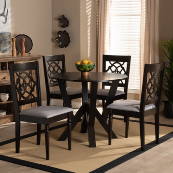 5 Pieces Dining Set, Rounded Table & Gray Upholstered Chairs With Turned Legs
