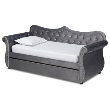 Traditional Grey Velvet Fabric Upholstered Twin Size Daybed with Trundle