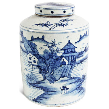 Blue & White Porcelain Village Jar w/Lid
