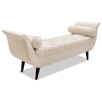 Elegant Upholstered Bench, Tufted Fabric Seat and Flared Arms, Sky Neutral