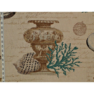 Seashell Coral Fabric Antique Documentary Toile, Blue, Standard Cut