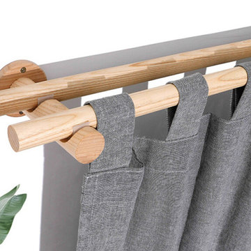 QYT03 1-1/8" Ash Wood Ball Bracket Single Double Curtain Rod Sets