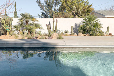 Imagen de piscinas y jacuzzis mediterráneos rectangulares en patio trasero con losas de hormigón