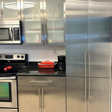 Modern Stainless Steel Kitchen Cabinetry with Tall Pantry Cabinet