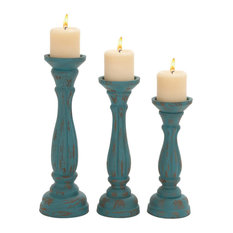 Set of 3 Blue Wood Traditional Candle Holder, 15", 13", 11" 98765