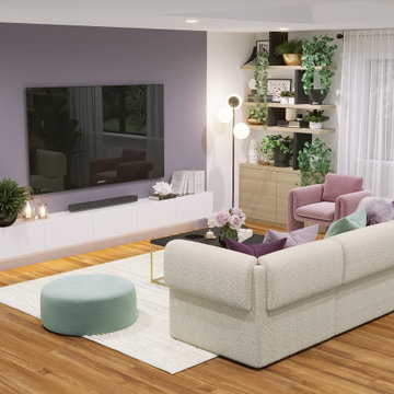 Modern Living Room And Kitchen With Purple and Mint Accents