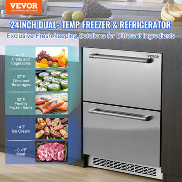 VEVOR Undercounter Refrigerator 24" Built-in 2 Drawer Refrigerator Fridge SUS