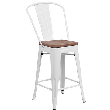 24" High White Metal Counter Height Stool With Back and Wood Seat