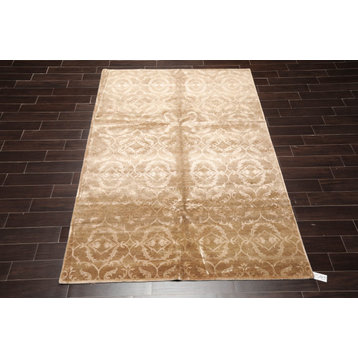 6'1''x9'1'' Hand Knotted Wool and Faux Silk Oriental Area Rug Tan, Taupe