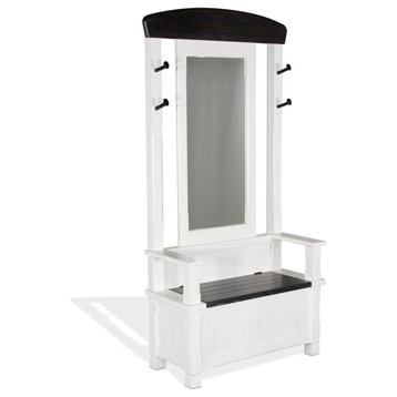 78" Narrow White and Black Entryway Bench Hall Tree With Mirror Bench Storage