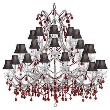 37-Light Crystal Chandelier Dressed With Red Crystals, Black Shades