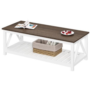 Farmhouse Coffee Table, Rectangular Top & Slatted Lower Open Shelf, Brown/White