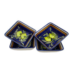 Le Souk Ceramique - Square Stoneware Sauce Dishes, Set of 4, Citronique Design - Serving And Salad Bowls