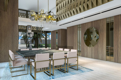 Dining room - large contemporary porcelain tile and wood wall dining room idea in Miami