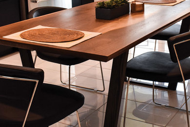 Kitchen/dining room combo - mid-sized transitional porcelain tile and white floor kitchen/dining room combo idea in San Francisco with no fireplace
