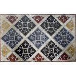 Mozaico - Geometric Floor Mosaic - Amelie III, 35"x24" - The Amelie III geometric floor mosaic covers your floors with a lush garden. An elegant white floral pattern with diamonds and circles in red, yellow, gray and black, this mosaic rectangle makes an ideal floor mosaic for your foyer or hallway.