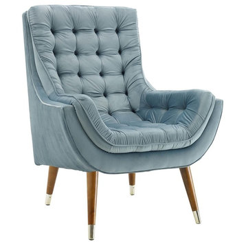 Suggest Button Tufted Upholstered Velvet Lounge Chair, Light Blue