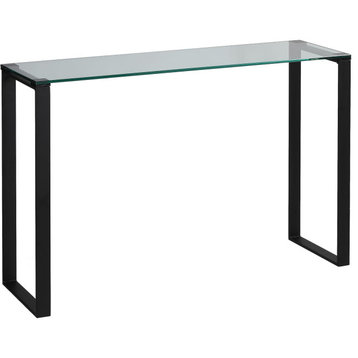 Contemporary Console Table, Rectangular Black Metal Legs With Clear Glass Top
