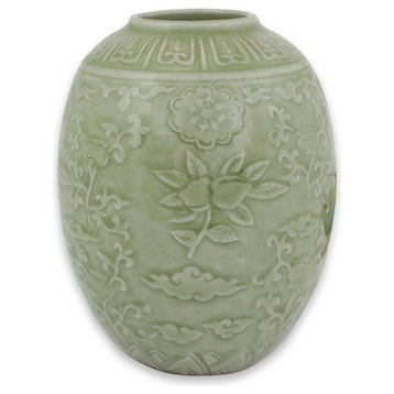 Novica Green Plum Blossom Celadon Ceramic Vase