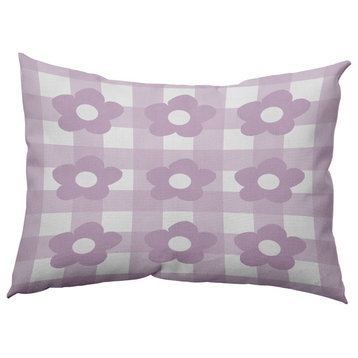 Flowers on Gingham Decorative Indoor/Outdoor Pillow, Purple, 14"x20"