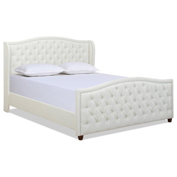 Marcella Upholstered Tufted Shelter Headboard Panel Bed, Cal King, Antique White Polyester