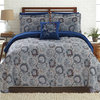 Benzara BM202742 8 Piece Printed Queen Reversible Comforter Set ,Gray and Blue