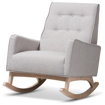 Marlena Mid-Century Grayish Beige Fabric, Whitewash Wood Rocking Chair