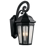 Kichler Lighting - Courtyard 3-Light Outdoor X-Large Wall Mount, Textured Black, Etched Seedy Glass - Uncluttered and traditional, this 3 light outdoor wall lantern from the Courtyard collection adds the warmth of a secluded terrace to any patio or porch. Featuring a Textured Black finish and Etched Seedy Glass, this design will elevate and enhance any space  Shade Included: Yes Number of Bulbs: 3 Watts: 60W Bulb Type: B10 Bulb Included: No