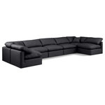 Meridian Furniture - Indulge Upholstered Modular U-Shaped Sectional, Black, 7-Piece: 5 Armless Chair, 2 Corner Chair, Fiber Stuffed Vegan Leather - Experience ultimate comfort and style with our black vegan leather Indulge Sectional. The luxurious vegan leather will elevate the aesthetic of any room. This sofa provides ample space for you to relax while its modular build offers the option of unlimited configurations. Whether you're looking to add a stylish element to your living room or a comfortable seating option to your bedroom, this sofa is the perfect choice.