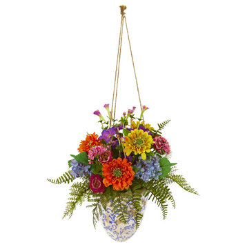 29" Mixed Flowers Artificial Plant in Hanging Vase