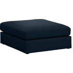 Meridian Furniture - Beckham Beige Durable Linen Textured Fabric Armless, Navy, Ottoman - Liven up your living space with this Beckham navy durable linen polyester fabric ottoman. Its navy color complements any contemporary home decor, while its durable linen and polyester fabric upholstery provides you with a soft and comfortable place to sit. This ottoman is modular, so you can create infinite configurations, which are easily attached using the attachment latch underneath. Its linen, wood, and foam construction guarantee stability for years to come.