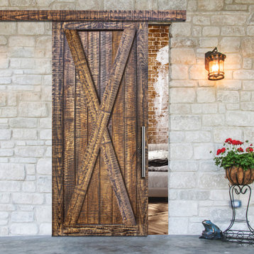Rustic Ranch Barn Door with Saw Pattern, 42"x84", Oak Solid Wood