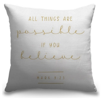 "Mark 9:23 - Scripture Art in Gold and White" Pillow 16"x16"