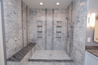 Inspiration for a large contemporary master gray tile and subway tile porcelain tile bathroom remodel in Other with gray walls, an undermount sink and granite countertops