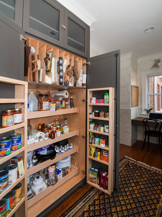 Transitional kitchen pantry pictures - Example of a transitional kitchen pantry design in Chicago with gray cabinets