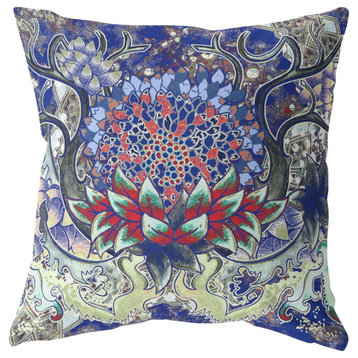 18" Blue Red Flower Bloom Suede Throw Pillow