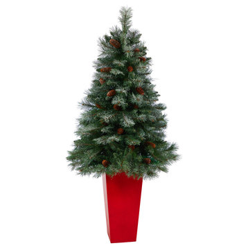 55" Snowed French Mountain Pine Faux Xmas Tree W/Bendable Branches & Pinecones