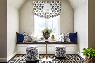 Living room - traditional enclosed carpeted, brown floor and wallpaper living room idea in DC Metro with beige walls