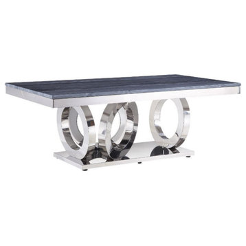 Coffee Table, Gray Printed Faux Marble and Mirrored Silver Finish